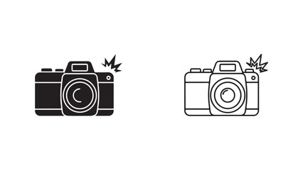 Camera icon with flash, black and white outline