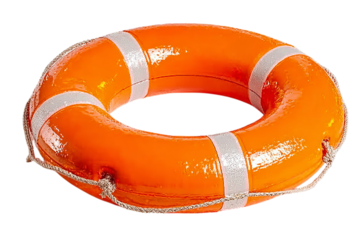 Life ring isolated on a white background, an orange life preserver surrounded by an orange and thick plastic circular inflatable tube with two thin isolated on a transparent background in PNG format.