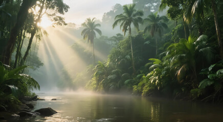 Jungle Paradise: Sunbeams pierce through the lush canopy of a pristine tropical jungle, illuminating a serene river meandering through a verdant paradise.