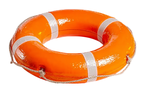 Life ring isolated on a white background, an orange life preserver surrounded by an orange and thick plastic circular inflatable tube with two thin isolated on a transparent background in PNG format.