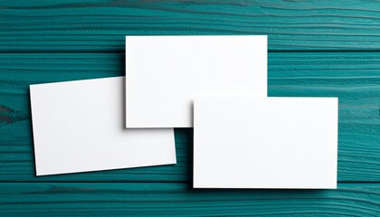 Three Blank White Cards Mockup on Teal Wooden Background