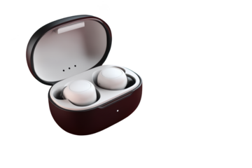 Wireless earbuds in an open charging case with a sleek modern design