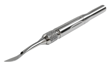 Polished, metallic dental curette, curved tip. Detailed view on black background