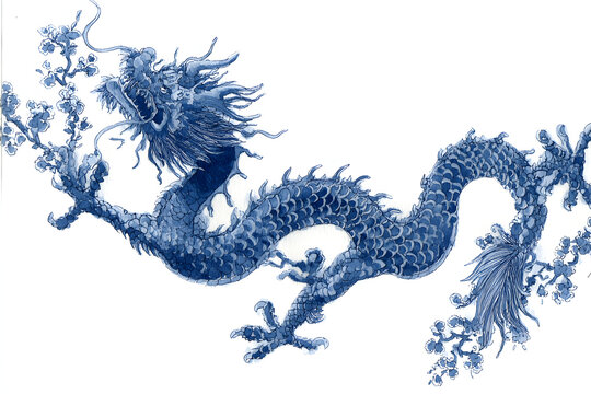 Blue ink-style dragon illustration. Powerful Japanese watercolor design