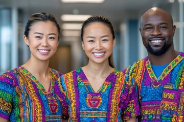 Medical professionals smiling together in hospital corridor