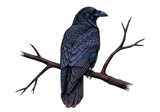 Raven perched on a branch in detailed illustration isolated PNG with Transparent Background