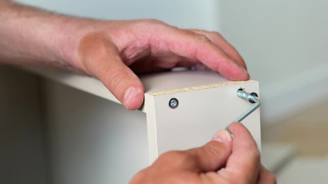 A person's hands use an Allen key to tighten a screw on a piece of white flat-pack furniture.