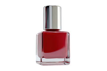 Shiny red nail polish bottle with a silver cap, isolated on black