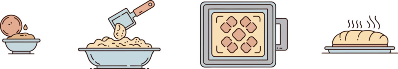 Eight-panel baking illustration showing ingredient prep, mixing, kneading, rolling, baking, slicing, and serving—modular vector for culinary education and lifestyle branding