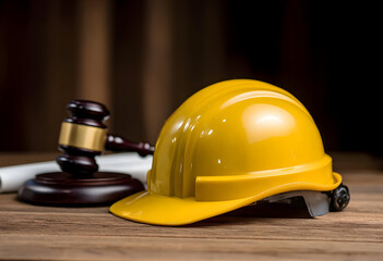 A close-up image showcasing a yellow hard hat next to a wooden gavel, symbolizing the intersection of construction and legal regulation.