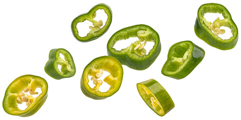 Falling jalapeno pepper slices isolated on white background, full depth of field