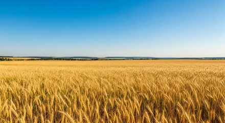 Naklejka premium Sunlit golden barley field extending to the distant hills under a cloudless blue sky.
