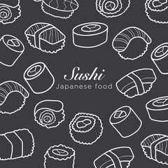 Sushi Illustration Japanese Cuisine Outline on Dark Backdrop