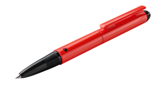 Sleek red writing instrument, black tip, isolated, ergonomic design, for note-taking