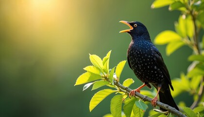 Fototapeta premium Blackbird with vibrant speckled plumage sings joyfully on rich green branch during early morning sunlight. Close-up shot captures avian beauty in natural habitat, bright foliage, serene, tranquil