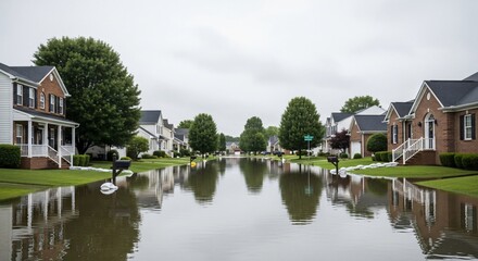 Obraz premium Suburban Street Flooded After Heavy Rain Houses and Trees Reflected in Water with Sandbags.
