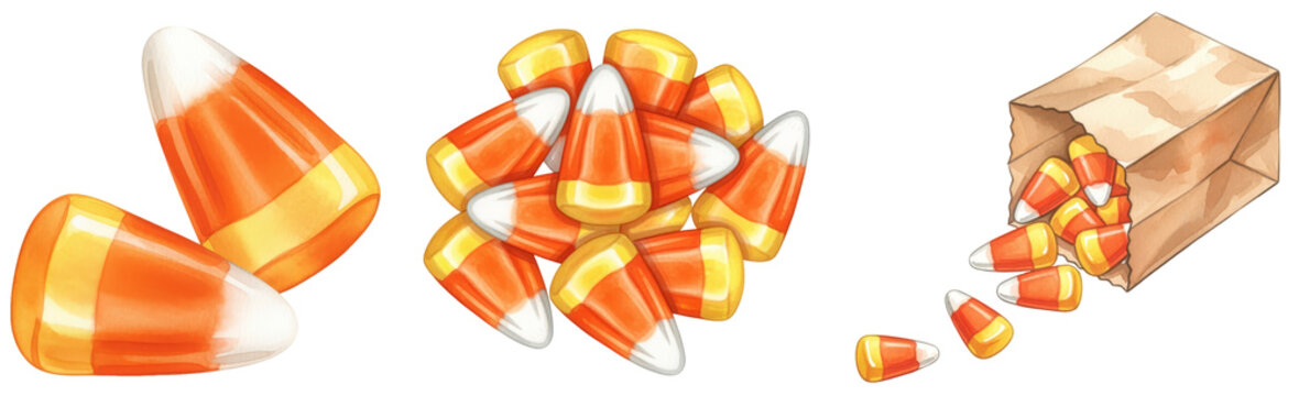 a painted collection of watercolor candy corn and a bag of sweet treats