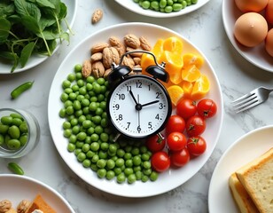 Intermittent fasting concept. Plate with fresh vegetables, cheese, nuts, clock represents healthy diet, nourishment, weight loss. Balanced diet promoting wellness, good eating habits through time