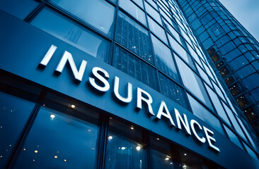 Obraz premium A close-up view of a modern insurance office building, showcasing the sleek glass facade and illuminated signage in an urban setting during twilight.