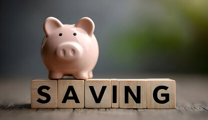 A close-up view of a piggy bank placed beside wooden blocks spelling 'SAVING'. This image symbolizes financial planning and savings management.