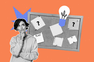 Template sketch trend artwork 3D collage of idea lamp logic challenge think solution young lady stand think minded board pin plant sheet