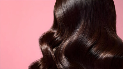 Naklejka premium A close-up view of flowing, shiny brown hair cascading against a soft pink backdrop, showcasing elegance and beauty in hairstyling and personal care.