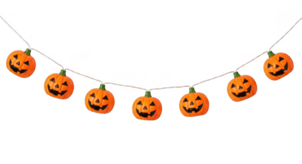 Festive halloween pumpkin string lights with carved faces glowing warmly on a transparent background isolated on transparent background