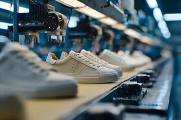 A close-up view of sneakers on a production line, showcasing the manufacturing process in a modern factory setting, emphasizing craftsmanship and quality.