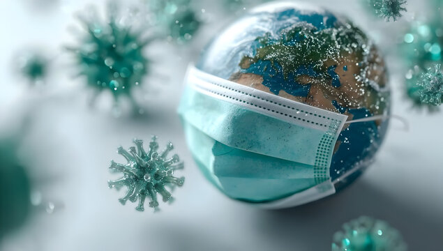 A conceptual image showcasing the Earth wearing a surgical mask surrounded by virus particles, symbolizing global health issues and pandemic challenges.