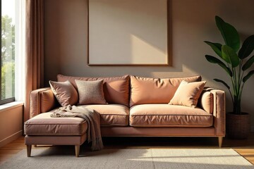 Fototapeta premium A plush, comfy couch takes center stage, radiating relaxation and ultimate comfort; the epitome of a cozy winner in any room Perfect for leisure and unwinding , living room, home, texture