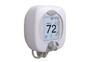 Digital thermostat with display showing temperature. Has buttons, knob and cables