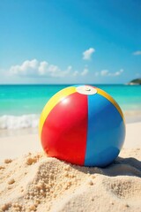 Humorous Beach Scene Giant Beach Ball Partially Buried in Sand, Bright Blue Ocean Backdrop, Summer Vacation Fun