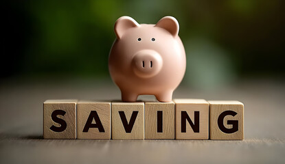 A cute piggy bank sits atop wooden blocks spelling 'SAVING,' symbolizing financial goals and the importance of saving money for future needs.