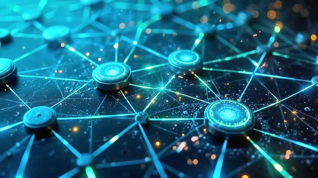 Dynamic glowing network of interconnected nodes pulsating with digital energy, representing data flow and global connectivity in a futuristic technological concept.