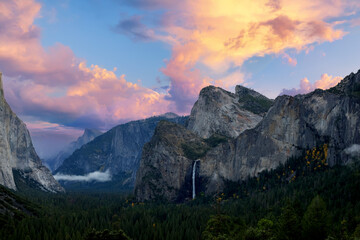 Yosemite valley nation park during sunset view from tunnel view on twilight time. Yosemite nation park, California, USA.