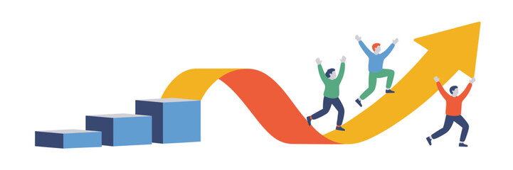 Three people running up a rising arrow graph with blocks, celebrating success on a white background view
