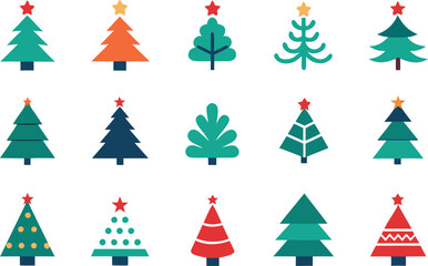 Collection of colorful flat design christmas trees with stars
