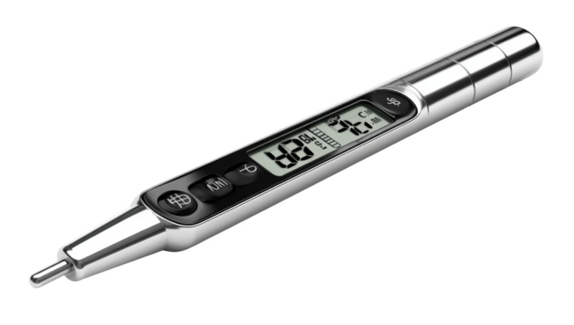 A digital, pen-shaped tool with a display.  Features a chrome-like body and a small LCD screen