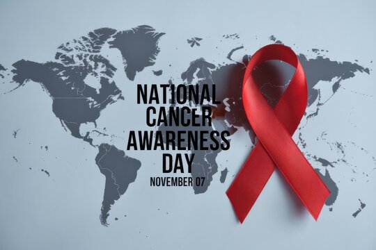 National cancer awareness day with red ribbon and world map background
