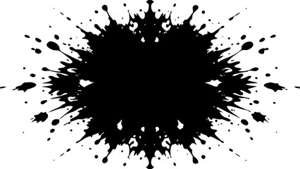 Vector abstract symmetrical black ink blot with splatters and drips isolated on a white paper background design element