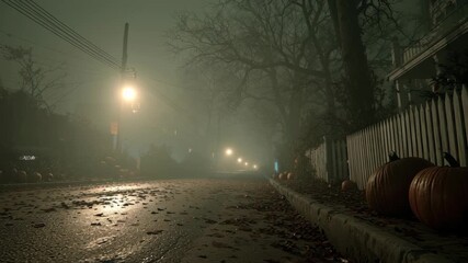 Foggy Halloween night street with eerie atmosphere, dim streetlights illuminating path, and pumpkins creating spooky vibe and ambiance