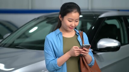 Young woman enjoying the car buying process while using a mobile phone to browse and select vehicles in a vibrant car dealership showroom, feeling satisfied with her choices