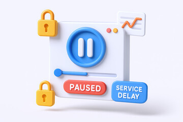 Obraz premium Stylized 'Paused' button with locks, symbolizing service delay and system downtime.