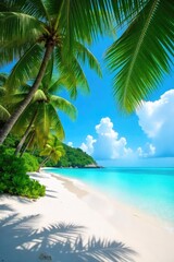 Fototapeta premium Tropical Beach Paradise Pristine White Sand, Turquoise Waters, Swaying Palm Trees, Idyllic Summer Vacation Scene