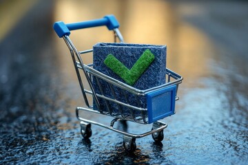 Blue shopping cart with a green checkmark, symbolizing successful online shopping and completion of a purchase, Generative AI