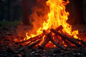 Blazing Pyre Intense Flames Engulfing Dry Wood, Mesmerizing Display of Orange, Yellow, and Red Hues. Perfect for themes of warmth, energy, destruction, or the natural world.