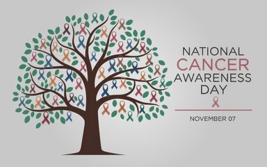 National cancer awareness day with tree and ribbons isolated on white background