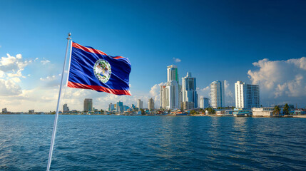 Belize flag waves proudly against the backdrop of a city skyline during Independence Day celebrations