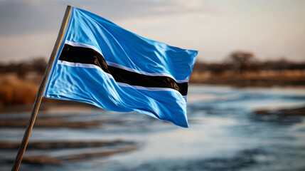Botswana flag waving in the wind during Independence Day celebration by a riverbank