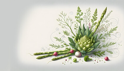 Fototapeta premium Bouquet of Romanesco vegetables, asparagus, radishes and herbs. For culinary banners and packaging for the organic market. Conscious consumption. For a wedding, a picnic